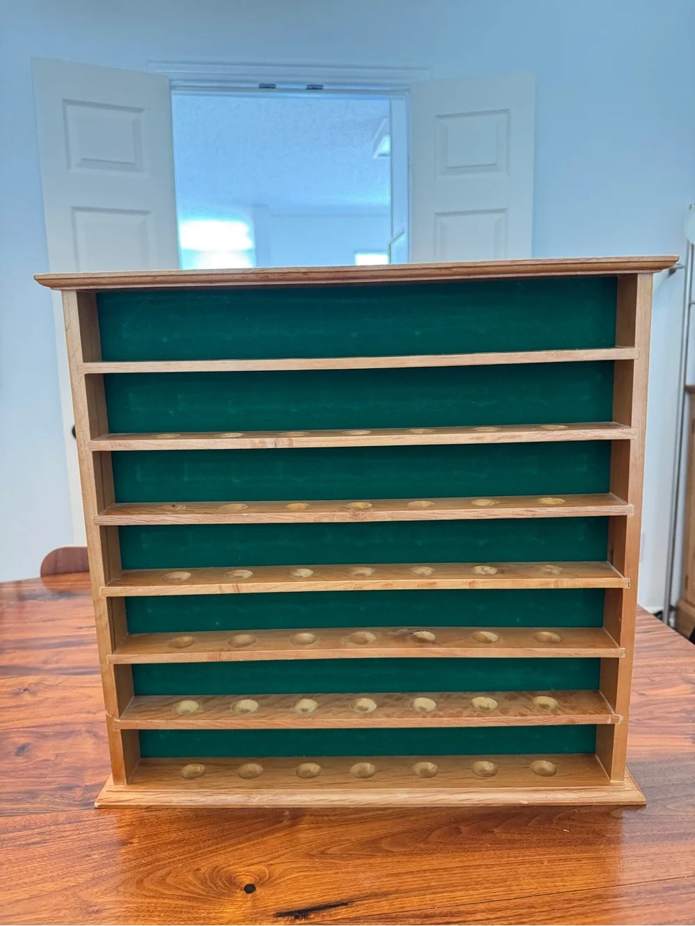 Wooden Golf Ball Display Shelf 49 Capacity Green Fabric Backing